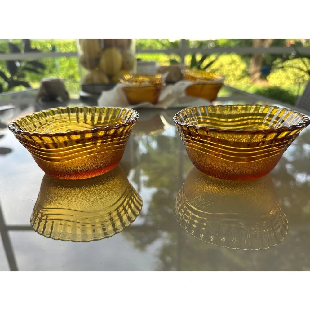 Vintage Rare Duralex Frosted‎ Brown Amber Glass Wave Dessert bowls france set/2